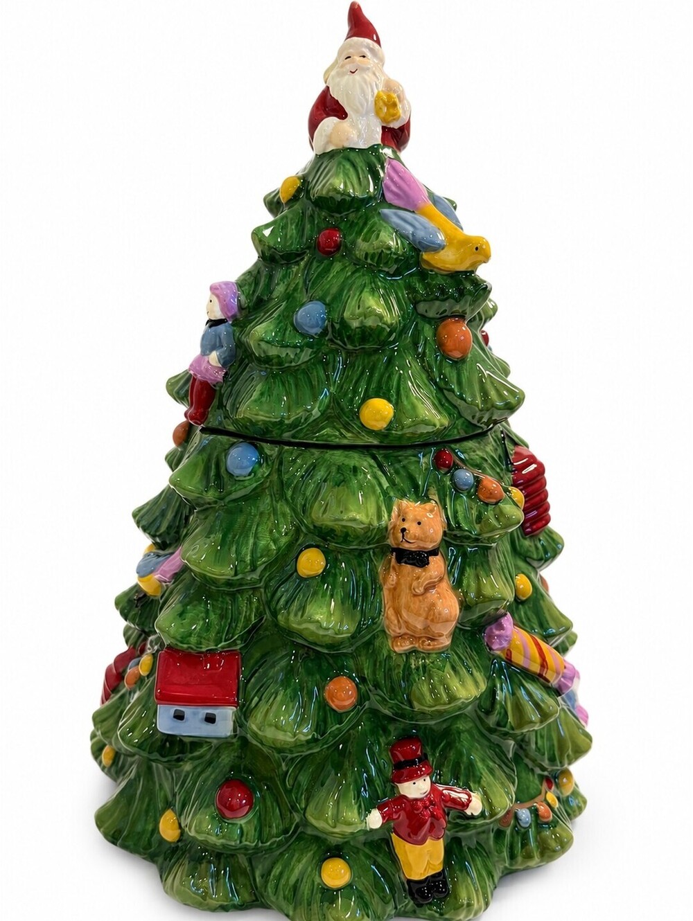 Spode Christmas Tree Ceramic Cookie Jar with Santa and Ornaments